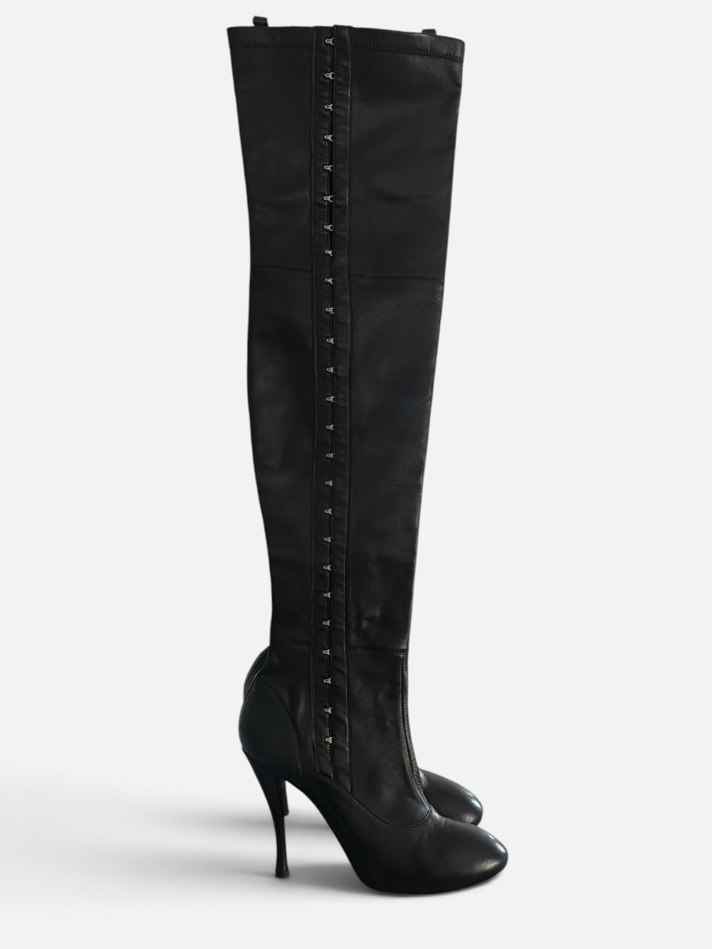 Tabitha Simmons Black Over-the-Knee Leather Corset style Hook & Eye Detail Boot
